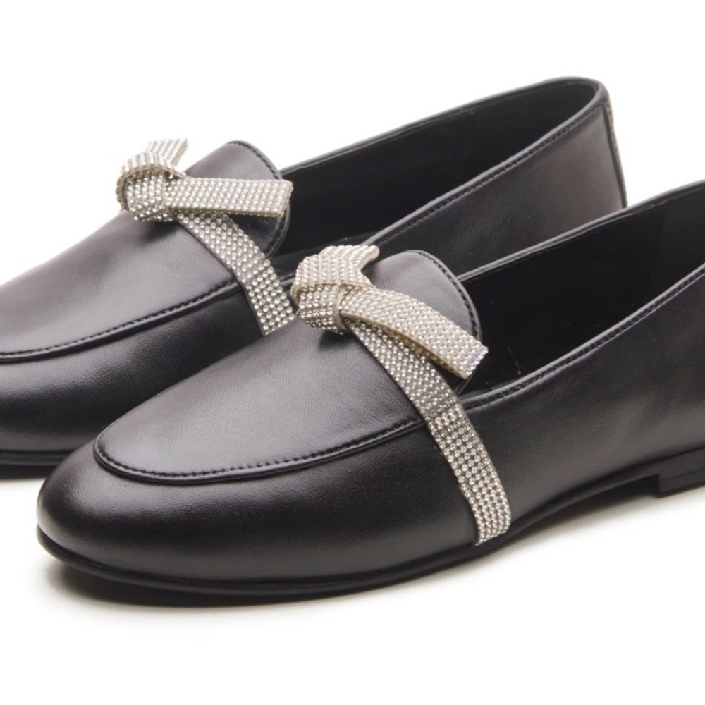 Elegant Black Loafers with Rhinestone Bow